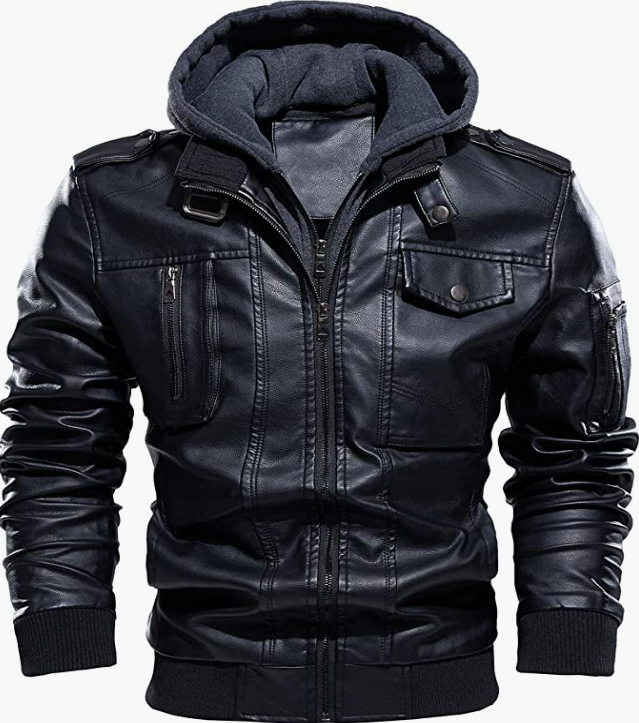 Men's Leather Jacket Winter Warm Jackets with Removable Hood
