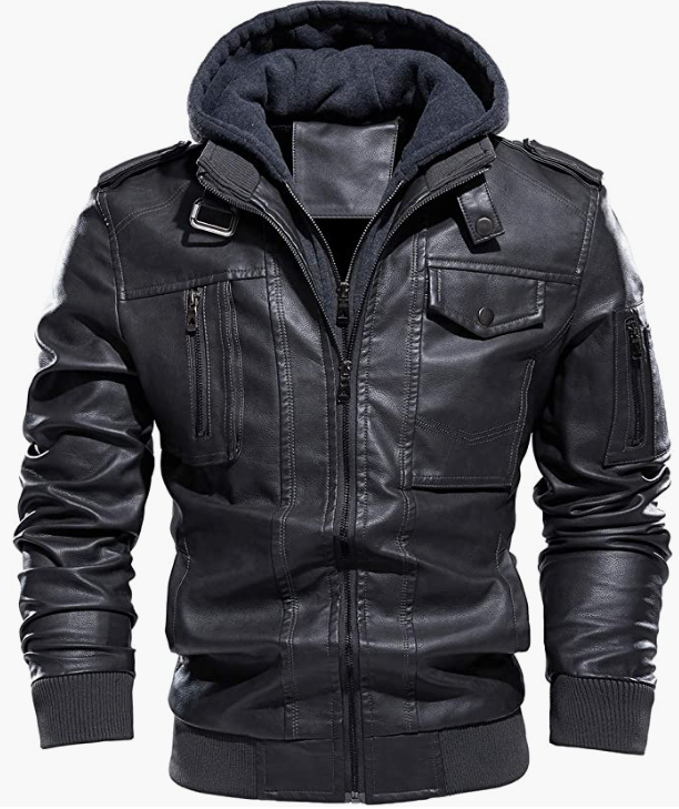 Men's Leather Jacket Winter Warm Jackets with Removable Hood