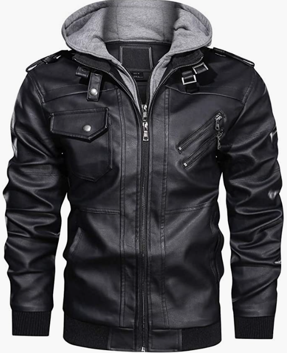 Men's Leather Jacket-Fall Winter Jacket with Removable Hood