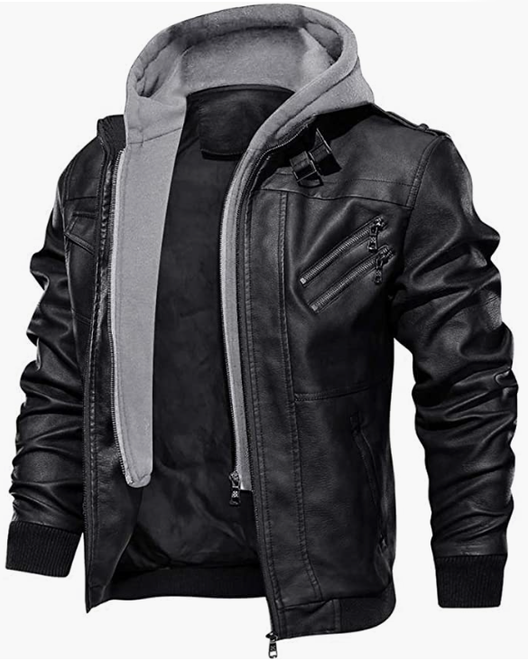 Men's Leather Jacket-Fall Winter Jacket with Removable Hood