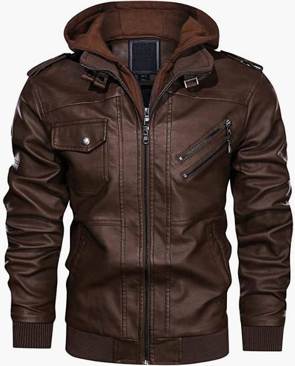 Men's Leather Jacket-Fall Winter Jacket with Removable Hood