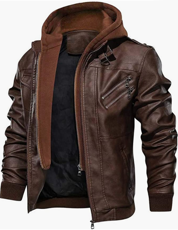 Men's Leather Jacket-Fall Winter Jacket with Removable Hood