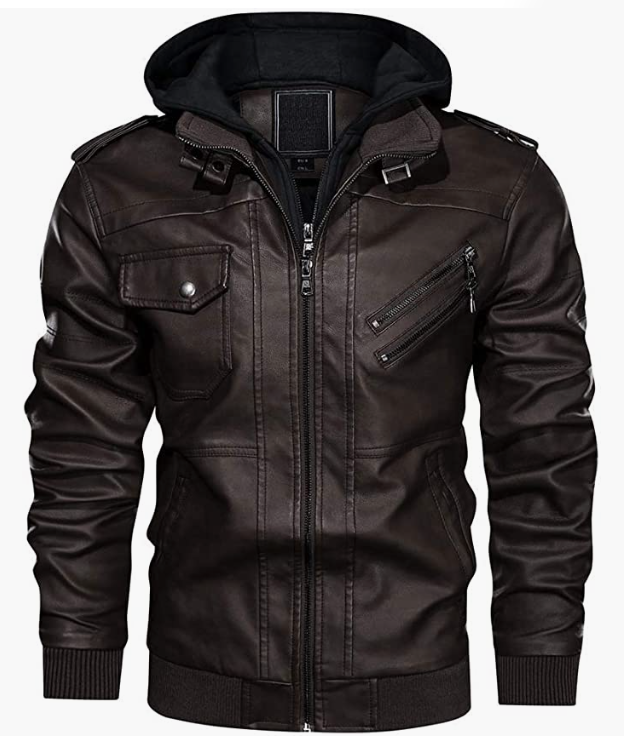 Men's Leather Jacket-Fall Winter Jacket with Removable Hood