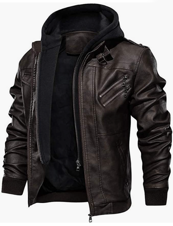Men's Leather Jacket-Fall Winter Jacket with Removable Hood
