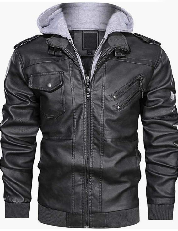 Men's Leather Jacket-Fall Winter Jacket with Removable Hood