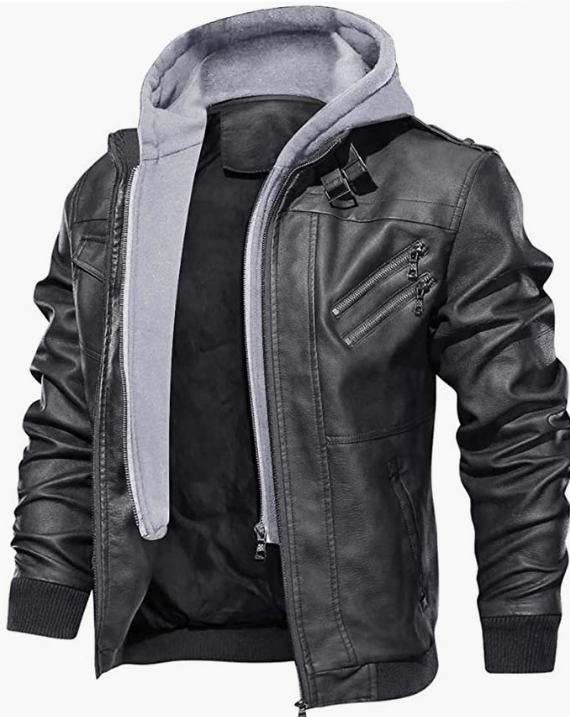 Men's Leather Jacket-Fall Winter Jacket with Removable Hood