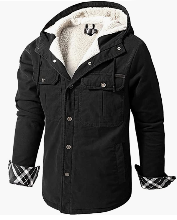 Men's Hooded Coat Casual Thicken Long Sleeve Button Down Shirt Jacket