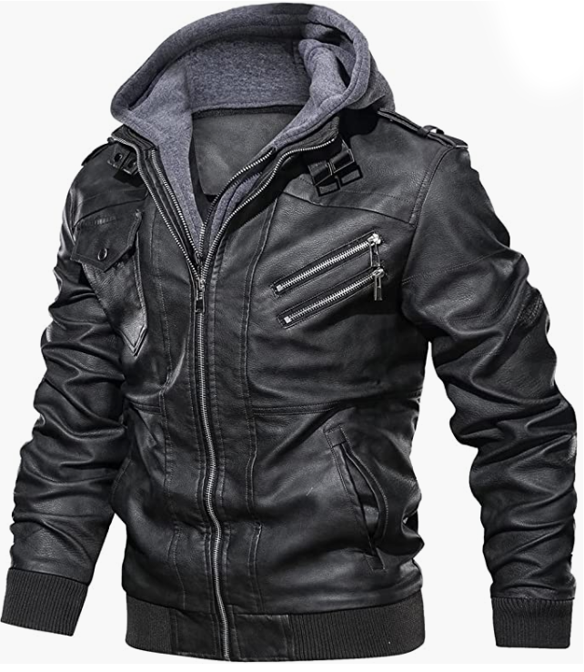 Men's  Leather Jacket Casual Brown Motorcycle Jacket with Removable Hood