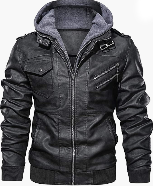 Men's  Leather Jacket Casual Brown Motorcycle Jacket with Removable Hood