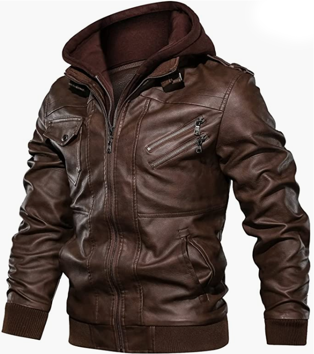 Men's Faux Leather Jacket Casual Brown Motorcycle Jacket with Removable Hood