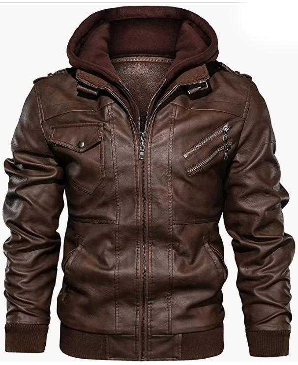 Men's Faux Leather Jacket Casual Brown Motorcycle Jacket with Removable Hood