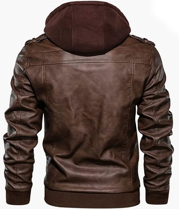 Men's Faux Leather Jacket Casual Brown Motorcycle Jacket with Removable Hood