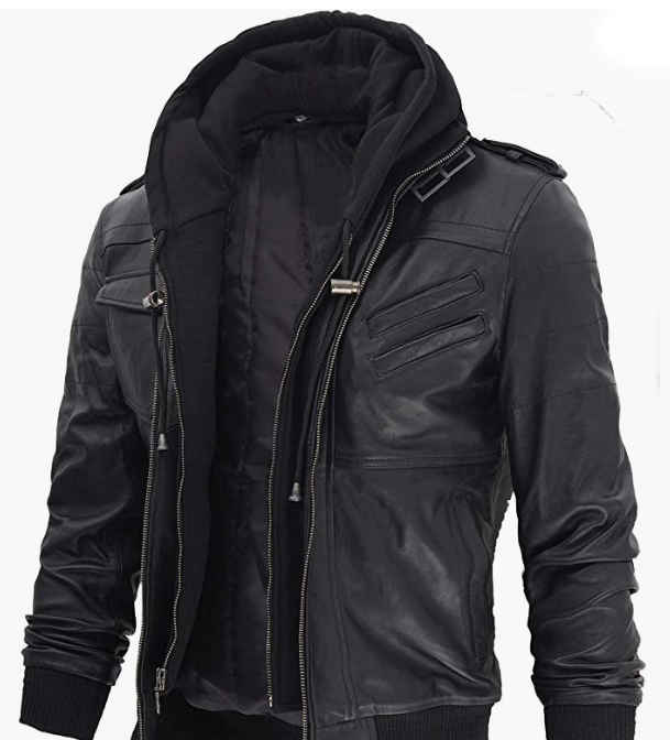 Real Leather Jacket Men  With Removable Hood