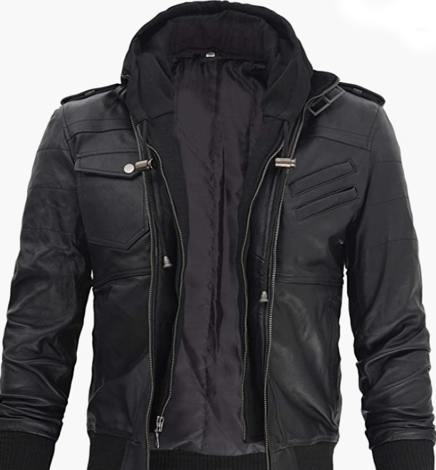 Real Leather Jacket Men  With Removable Hood
