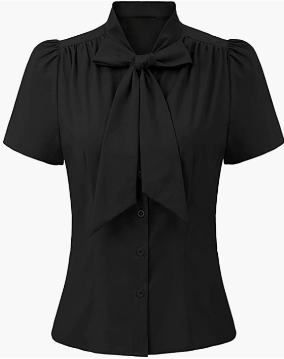 Office Button Down Stripe Shirt Top with Bow Tie
