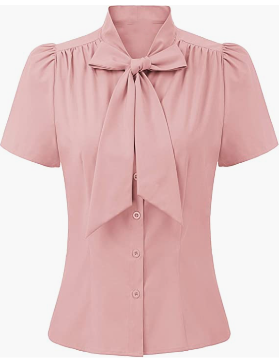 Office Button Down Stripe Shirt Top with Bow Tie