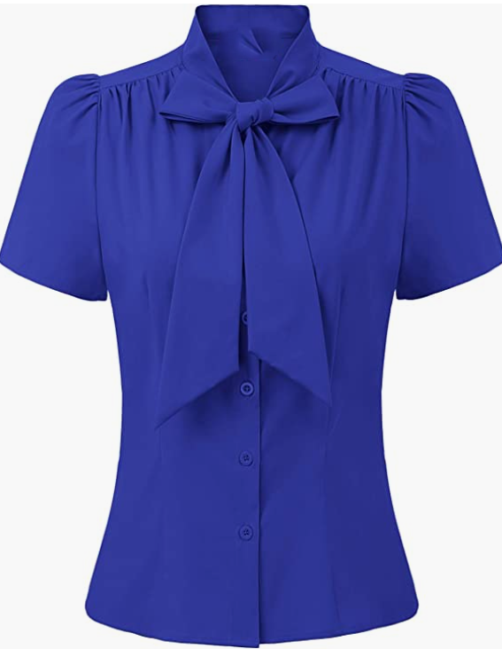 Office Button Down Stripe Shirt Top with Bow Tie