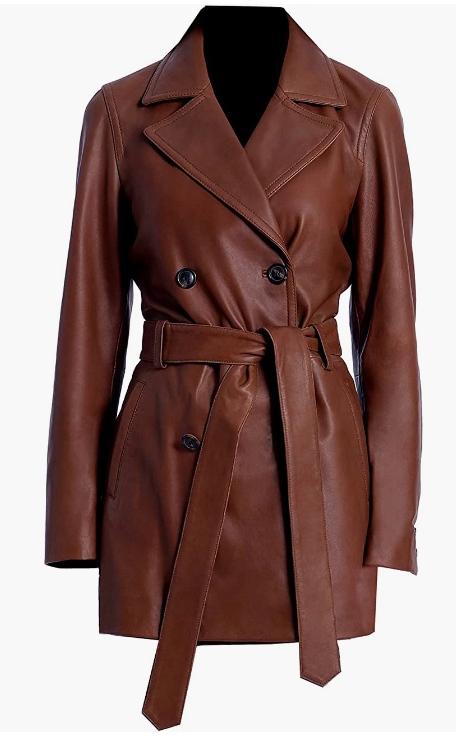 Women Genuine Leather Trench Coat Long Waist