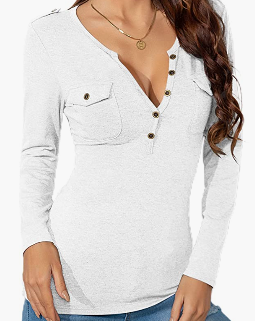 SEXY V Neck Button Solid Henley Top Blouse Tee