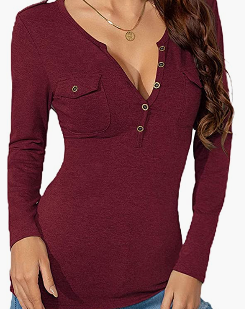 SEXY V Neck Button Solid Henley Top Blouse Tee