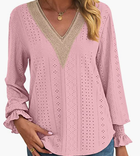 Loose Fit V Neck Ruffle Casual Top Long Sleeve