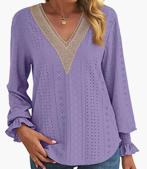 Loose Fit V Neck Ruffle Casual Top Long Sleeve