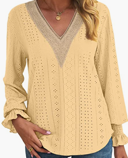 Loose Fit V Neck Ruffle Casual Top Long Sleeve