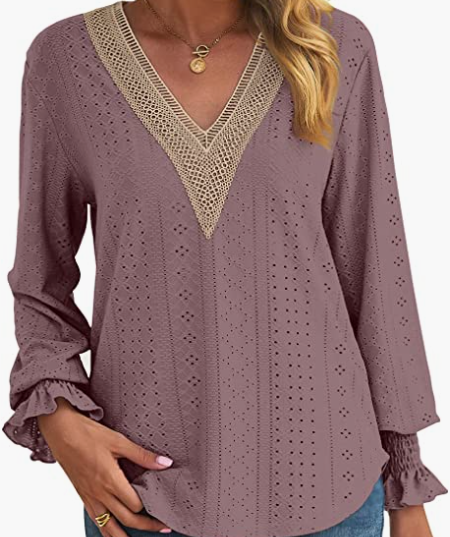 Loose Fit V Neck Ruffle Casual Top Long Sleeve