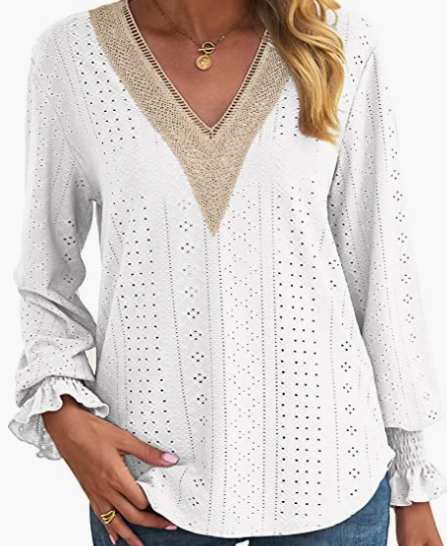 Loose Fit V Neck Ruffle Casual Top Long Sleeve