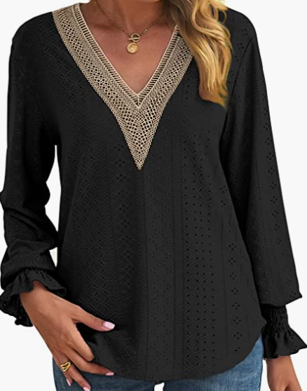 Loose Fit V Neck Ruffle Casual Top Long Sleeve