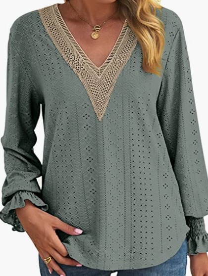 Loose Fit V Neck Ruffle Casual Top Long Sleeve