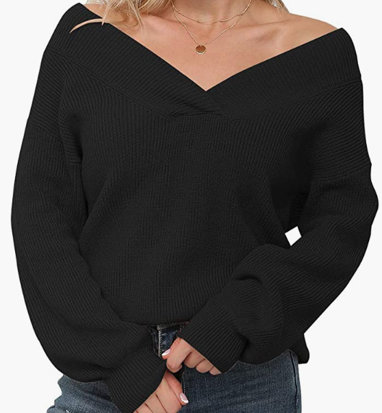 Sweater Long Sleeve Loose Tops V Neck Pullover Knit Sweater for Womens