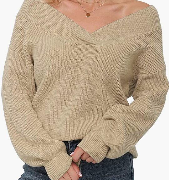 Sweater Long Sleeve Loose Tops V Neck Pullover Knit Sweater for Womens