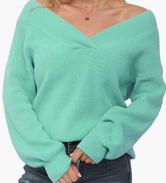 Sweater Long Sleeve Loose Tops V Neck Pullover Knit Sweater for Womens