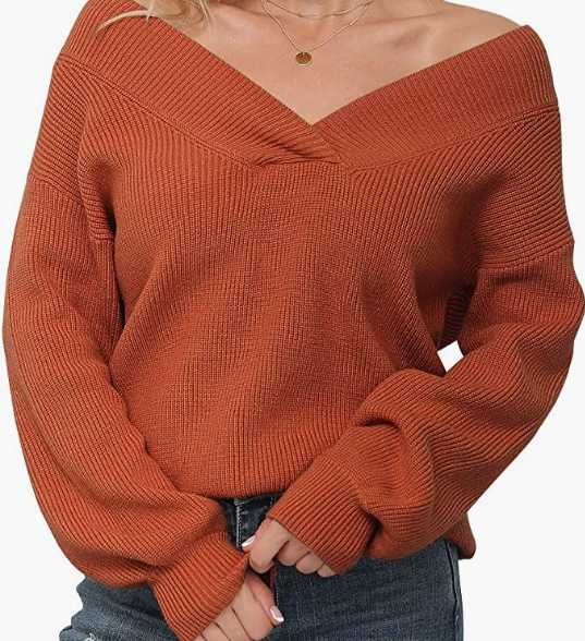 Sweater Long Sleeve Loose Tops V Neck Pullover Knit Sweater for Womens