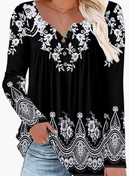 Ladies Long Sleeve Tunic Top V Neck Flower Blouse Top