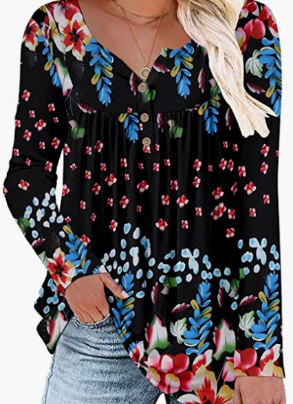 Ladies Long Sleeve Tunic Top V Neck Flower Blouse Top
