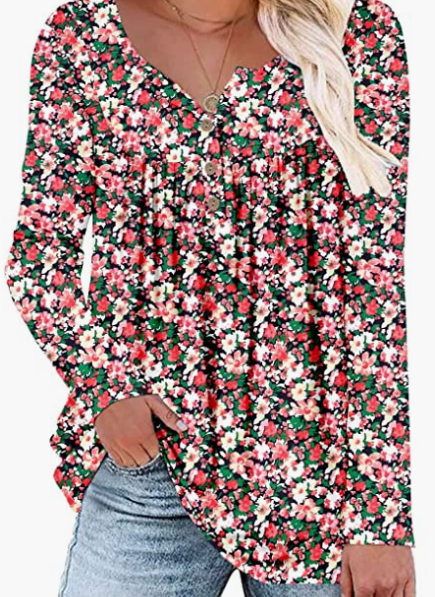 Ladies Long Sleeve Tunic Top V Neck Flower Blouse Top