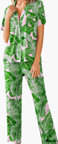 Sleepwear Pjs Short Sleeve Button Down Nightwear with Long Pants