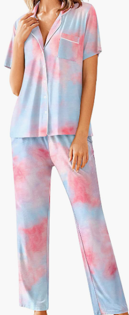 Sleepwear Pjs Short Sleeve Button Down Nightwear with Long Pants