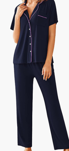 Sleepwear Pjs Short Sleeve Button Down Nightwear with Long Pants