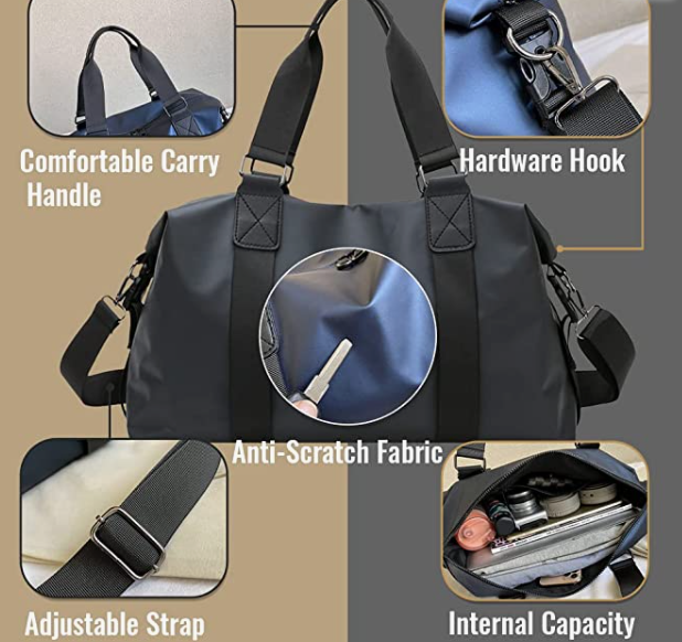Waterproof Carry on Bag with Detachable Strap, Weekender Zipper Sport Gym Bag for Women