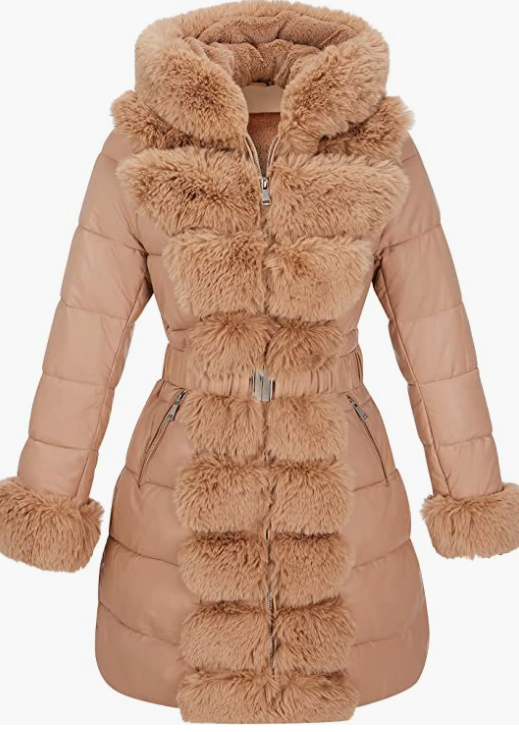 Women Puffer Leather Jacket Hooded with Fur Collar