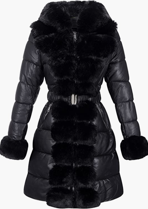 Women Puffer Leather Jacket Hooded with Fur Collar