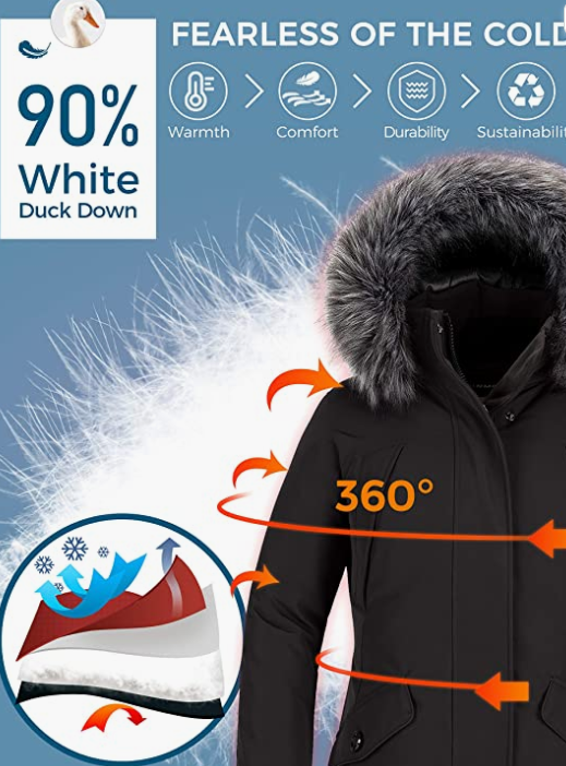 Winter Coat Long Quilted Thicken Fur Hood BLACK