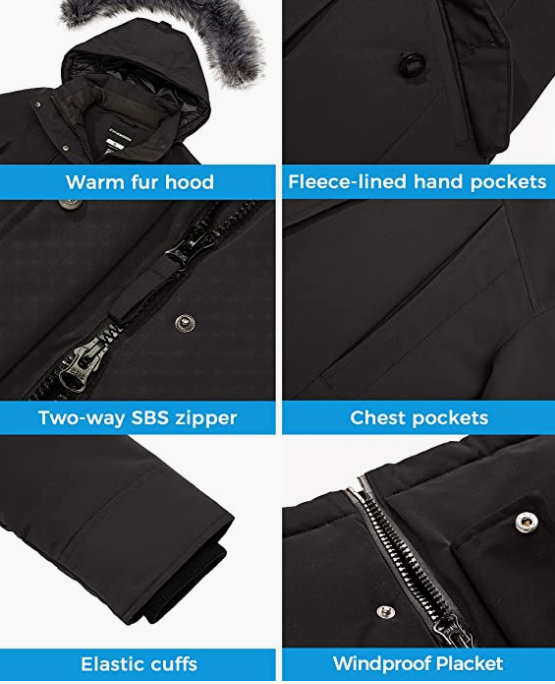 Winter Coat Long Quilted Thicken Fur Hood BLACK