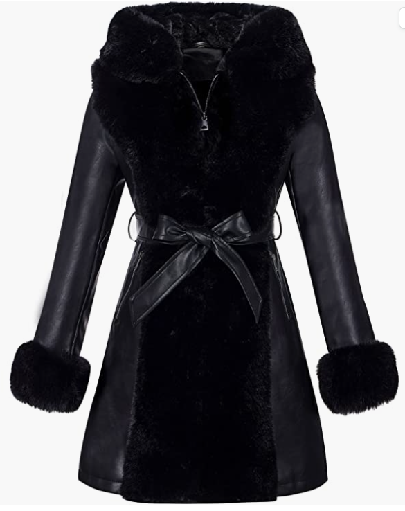 Leather Fur-lined Jacket with Hood and Fur Collar