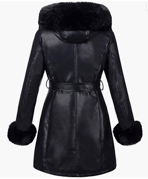 Leather Fur-lined Jacket with Hood and Fur Collar