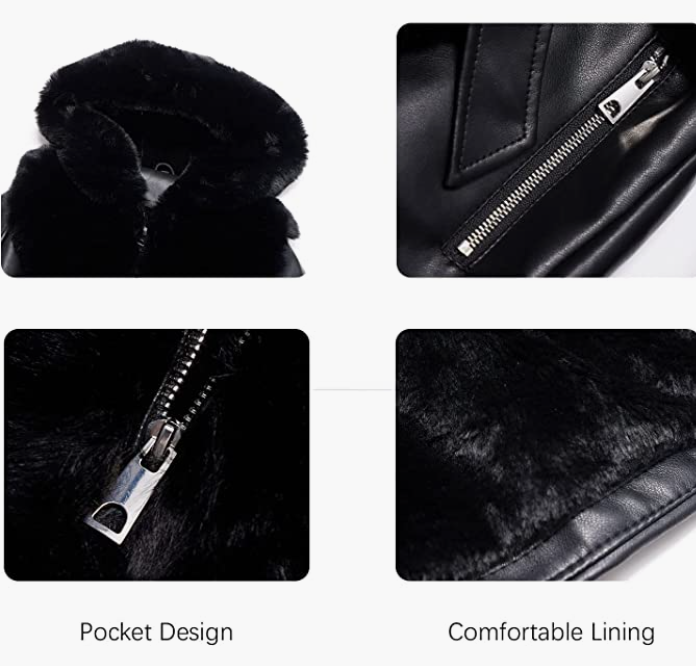 Leather Fur-lined Jacket with Hood and Fur Collar
