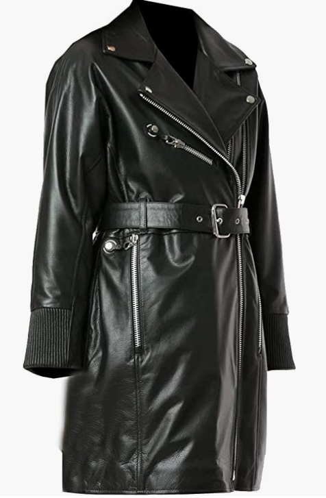 Long Coat For Women Genuine Leather Jacket Waist Belt Trench Coat Silver Detailing